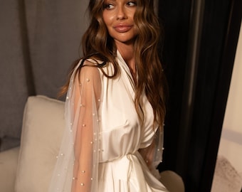 Pearl Bridal Robe: Long White Silk Satin Wedding Gown