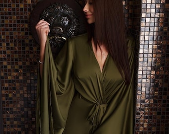 Long Green Satin Kimono Robe, Women's Dressing Gown