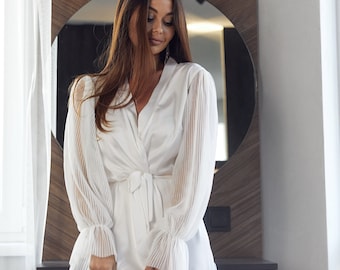 Bridal robe with wide sleeves, Bride robe, Long white robe, Satin silk boudoir robe,  Dressing gown, Bridesmaid gift, rbmb18