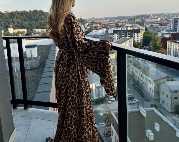 Leopard Kimono with Train, Long Satin Robe, Wide Sleeves, Luxury Boudoir ROBE  Loungewear