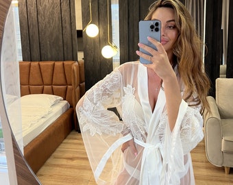 Handmade Chantilly Lace Bridal Robe, Sheer Wedding Boudoir Gown