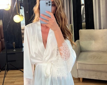 Bride robe with lace sleeves , White boudoir robe , Long silk robe Robe with lace sleeves , Bridesmaid robe Lace gown women