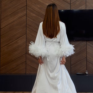 Feather Bridal Long Robe, White Silk Satin Boudoir Gown image 2