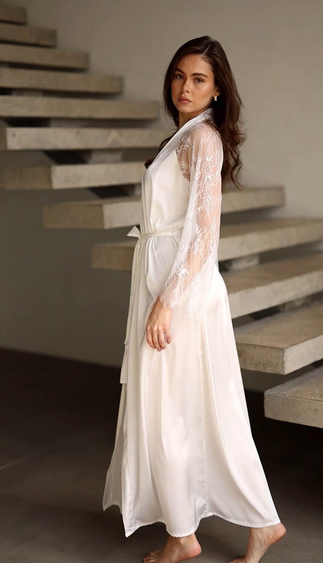 Ivory Satin Bridal Robe With Lace Sleeves: Silk Boudoir Gown - Etsy