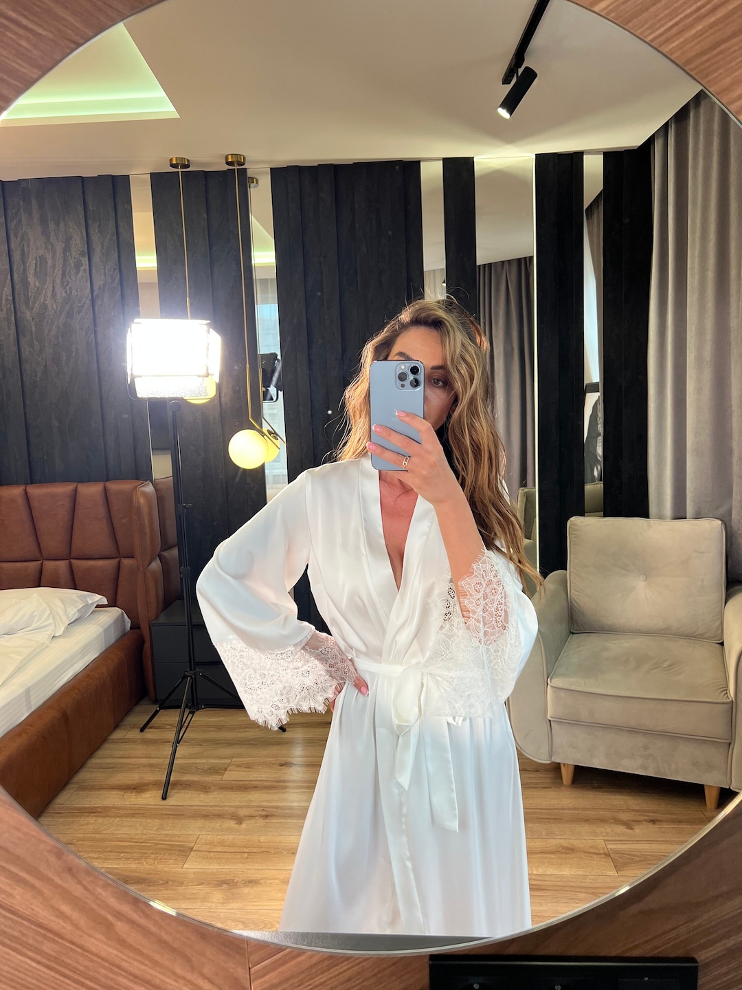 Ivory Satin Bridal Robe: Chantilly Lace Sleeves - Etsy