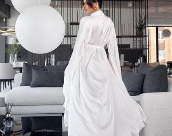 Bridal robe with wide sleeves, Bride white robe, Satin silk boudoir robe,  Dressing gown, Bridesmaid gift, Wedding maxi white robe