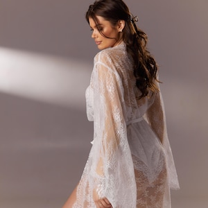 Long lace white robe, Bride robe with train, Maxi bridal robe, Bridesmaid robe, Dressing gown, Chantilly lace, Boudoir robe, Sheer robe
