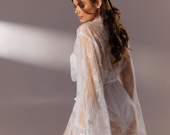 Long White Lace Bridal Robe, Chantilly Sheer Boudoir Robe