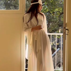 Wedding long silk robe, Satin boudoir robe, Dressing gown, Bridesmaid gift, Wedding maxi robes ,Bridal kimono image 4