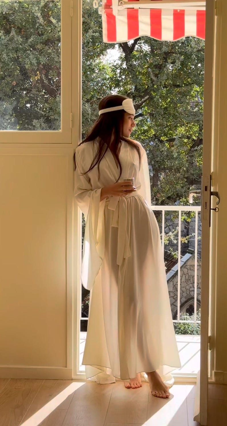 Wedding long silk robe, Satin boudoir robe, Dressing gown, Bridesmaid gift, Wedding maxi robes ,Bridal kimono image 4