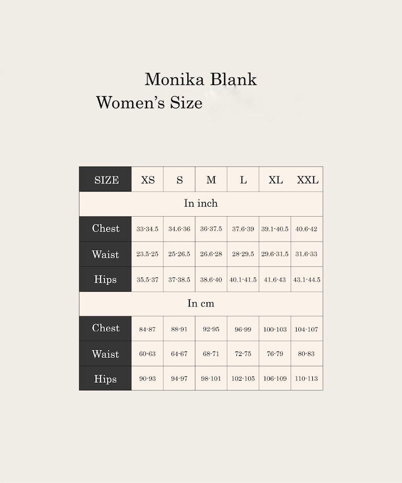 May include: Size chart for women's clothing with measurements in inches and centimeters. The chart shows sizes XS through XXL with corresponding chest, waist, and hip measurements.