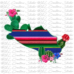 May include: A blue and green outline of Mexico with a red, pink, green, and blue striped pattern. The outline is surrounded by cactus plants with pink flowers and green leaves.