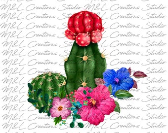 Peut inclure: Illustration à l'aquarelle de cactus et de fleurs. L'image présente un cactus vert central avec un dessus rouge, entouré d'un plus petit cactus vert, de fleurs roses, bleues et turquoise, et de feuilles vertes. Le fond a une écriture répétée.
