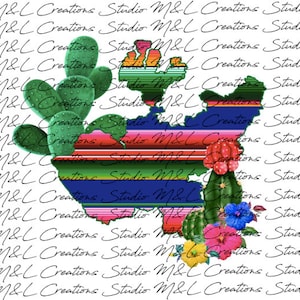 May include: A colorful, striped design in red, pink, blue, and green, resembling a Mexican serape, is surrounded by cactus plants and flowers. The design is outlined in black and has a heart shape.