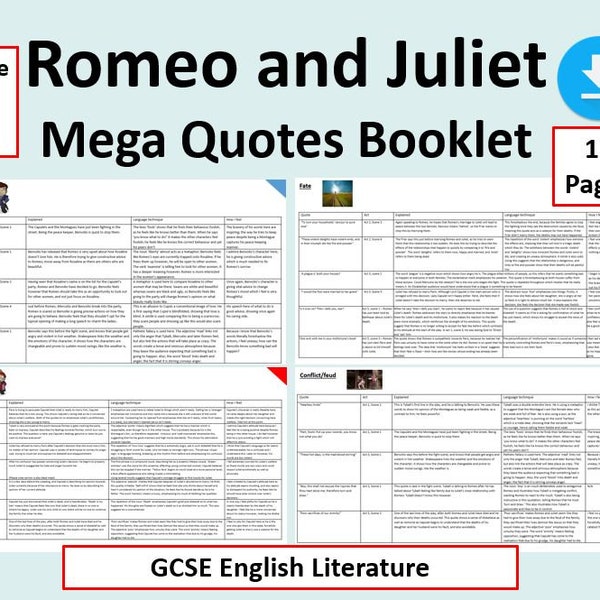 GCSE Romeo and Juliet mega quotes booklet ~ 75+ quotes from characters and themes analysed ~ Made by a grade 9 student ~ Instant download