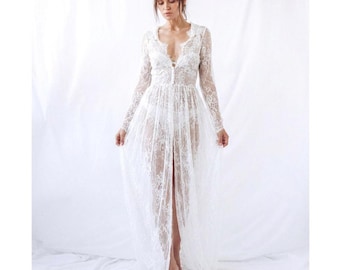 Boudoir Wedding Dress, Bridal Peignoir, Tulle wedding Dress, Bridal lingerie, Sheer Wedding Robe, Lace Bridal Robe, Bridal Tulle Robe