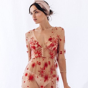 Bridal gown, Bride Robe gown, Lace Bridal Robe, Wedding robe, Long RED Sheer robe, Maxi, Boudoir Robe, stars pattern