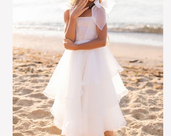 Flower Girl Dress, Boho Wedding Dress, Junior Bridesmaid Dress, White Tulle Dress, Baptism Dress