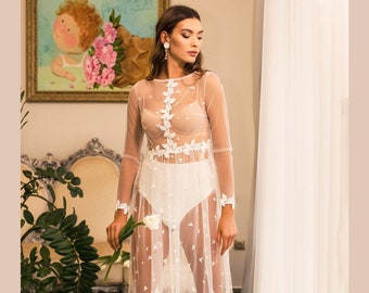 Lange Spitze Braut robe, weiße Braut Robe, Boudoir Robe, Maxi Braut Robe, Ivory Morgenmantel, weiße Chiffon Robe, Nachthemd