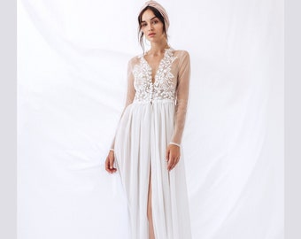 Long sleeve bridal robe, Boudoir dress, Maxi bridal robe, Ivory wedding dress, Sheer tulle dress, Bride peignoir, Wedding morning robes