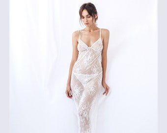 Slim Cut Plunge Lace Slip Dress, Elegant Wedding Lingerie, Sexy Nightwear, Women Gift, Thong