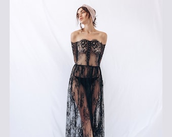 Black bridal robe, Long robe bride, Sheer robe lingerie, Lace robe, Wedding robes for bride, Robes for women, Black sheer robe, Bride robe