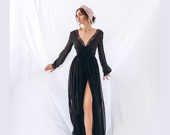 Bridal robe long robe, Black robe, See through robe, Bridal robe chiffon, Dressing robes, Lingerie robe, Boudoir lingerie robe, gown