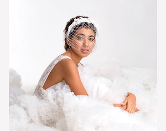 Wedding veil floral headband, Wedding Birdcage Veil, birdcage veil hat, derby fascinator, Bridal Veil, Ivory bridal birdcage veil headpiece