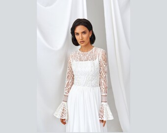 Flutter Sleeve, Garden Wedding Dress, Boho Wedding Dress, Bell Sleeve, Sexy Wedding Dresses, High Slit