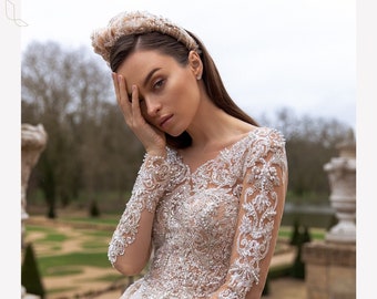 Bandeau de mariée beige, Coiffe de mariage, bandeau de mariée en or, coiffe avec perles, accessoire de cheveux de mariée, bandeau en organza