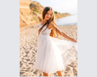 Vestido de niña de encaje, vestido boho blanco, vestido de tul, vestido de dama de honor junior, vestido de niña de flores de marfil, vestido de encaje de marfil, vestido de tutú de tul