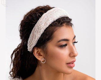 Bruiloft hoofddeksel, beige, ivoor bruids hoofdband, bruids hoofd stuk met kralen, bruiloft bruid haar accessoire, witte gewatteerde hoofdband