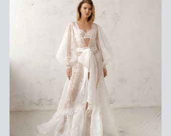 Vestido boudoir de organza, capa de boda de organza desmontable, bata de novia color marfil, capa de vestido de novia con mangas voluminosas, vestido de novia transparente