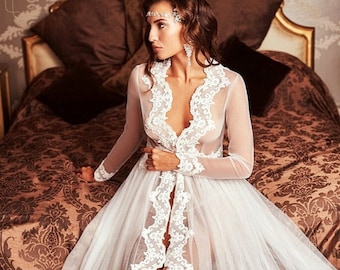 bridal gown, lace wedding robe, maternity dress, long bridal robe, getting ready, wedding day, boudoir robe, boho boudoir simple dress