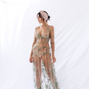 Long GREEN Bridal gown, Bride Robe gown, Lace Bridal Robe, Wedding robe, bridal robe with train, Sheer robe, Maxi, Boudoir Robe, Honeymoon