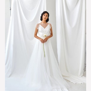 Classic wedding dress, A-Line Wedding Dress, Crepe Wedding Dress, Chiffon White Dress, Backless Dress, Open back Dress, Long train dress image 1