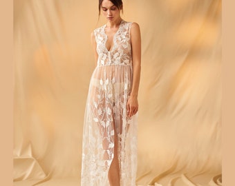 Sheer Bridal Robe, Lace Bridal Boudoir Dress, Sleeveless Wedding Gown, Handmade Floral Bridal Robe, Wedding Morning Outfit