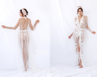 Sheer robe, Bridal robe long robe, See through robe, Bridal robe chiffon, Dressing robes, Lingerie robe, Boudoir lingerie robe gown, lace