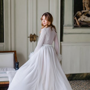 Ivory boudoir gown, Bride robe with feather sleeves, Long chiffon dress, Bridal lace robe, Dressing gown Sheer robe, Bridesmaid robes image 9