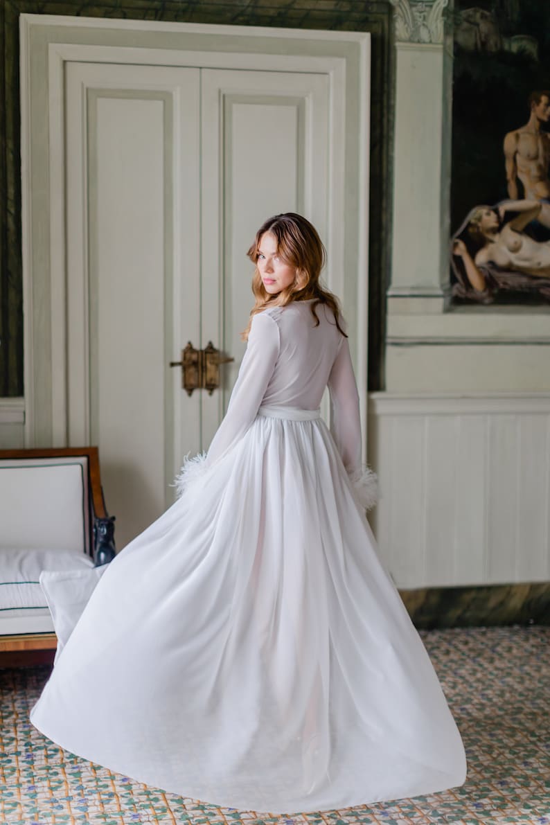 Ivory boudoir gown, Bride robe with feather sleeves, Long chiffon dress, Bridal lace robe, Dressing gown Sheer robe, Bridesmaid robes image 9