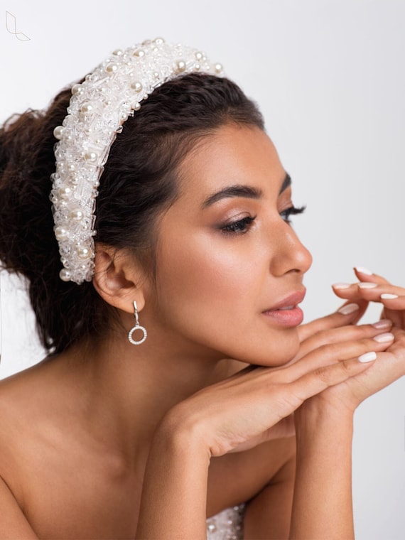 White Pearl Velvet Padded Headband, Large Matador Thick  display picture 3