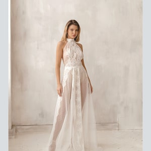 Boudoir dress, Boho lace wedding dress, open back collar wedding dress,  vintage wedding dress