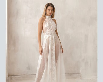 Boudoir dress, Boho lace wedding dress, open back collar wedding dress,  vintage wedding dress