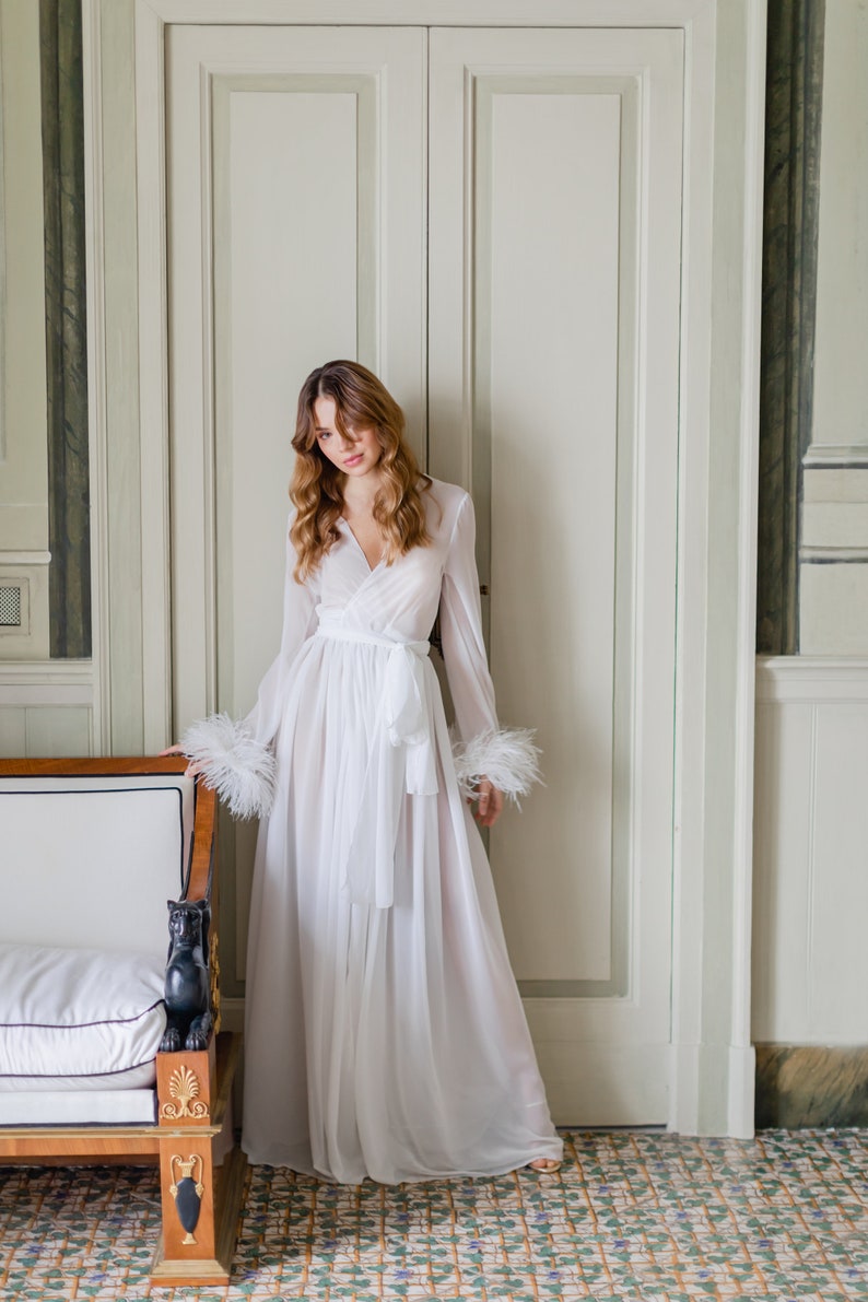 Ivory boudoir gown, Bride robe with feather sleeves, Long chiffon dress, Bridal lace robe, Dressing gown Sheer robe, Bridesmaid robes image 4
