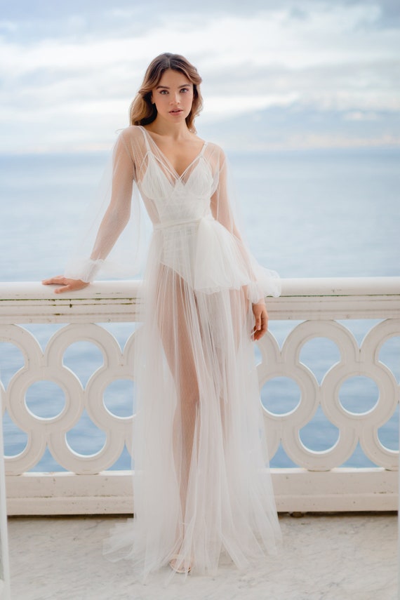 sheer bridal dress Multi-Layered Sheer Wedding Dress with Embroidered Flowers and Rhinestones| Marelli Exclusive 14 / As pictured