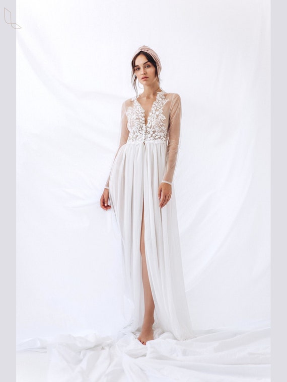 boudoir maxi dress Long sleeve bridal robe, Boudoir dress, Maxi bridal robe, Ivory Wedding dress, Sheer tulle dress, Bride peignoir, Wedding morning robes