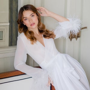 Ivory boudoir gown, Bride robe with feather sleeves, Long chiffon dress, Bridal lace robe, Dressing gown Sheer robe, Bridesmaid robes image 7