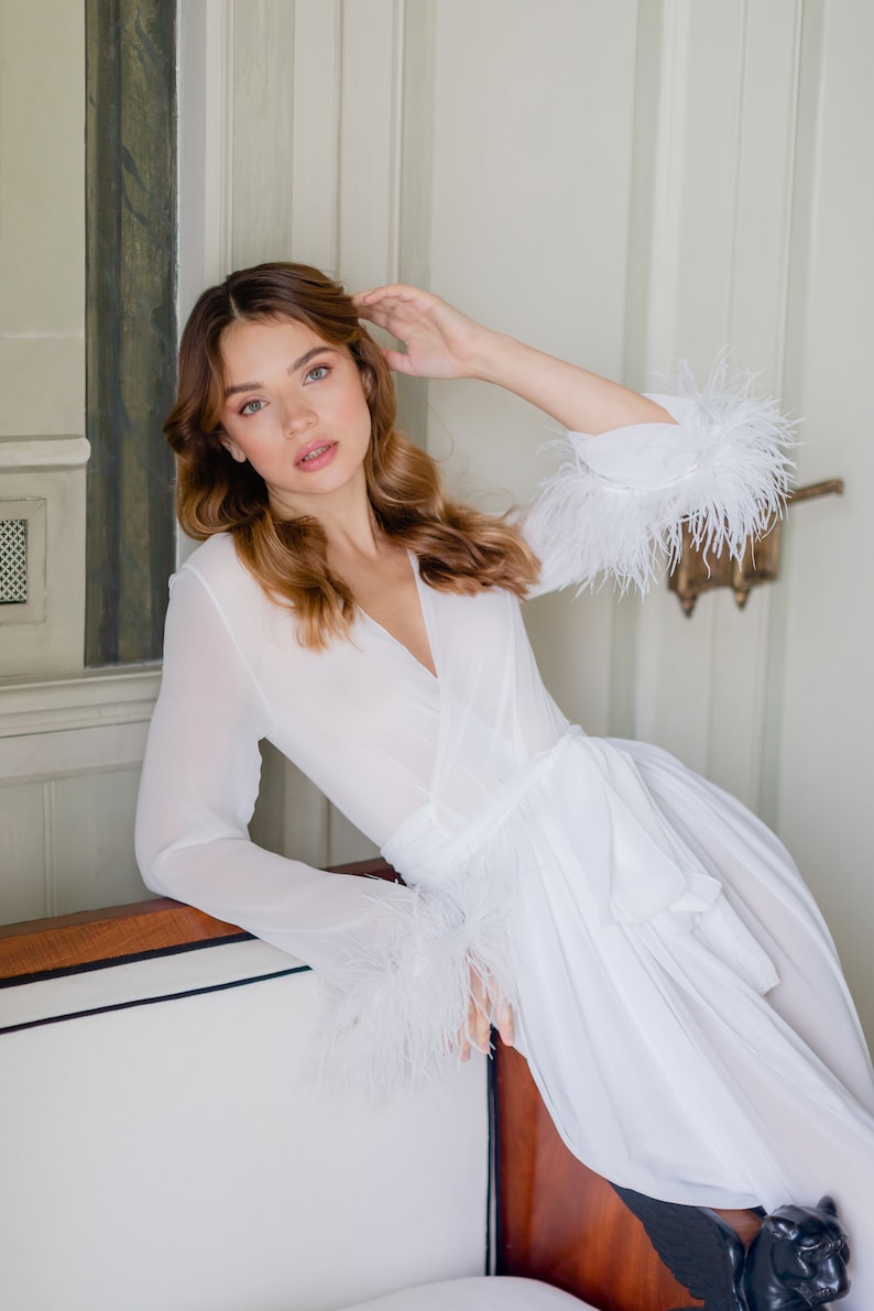 Ivory boudoir gown, Bride robe with feather sleeves, Long chiffon dress, Bridal lace robe, Dressing gown Sheer robe, Bridesmaid robes image 7