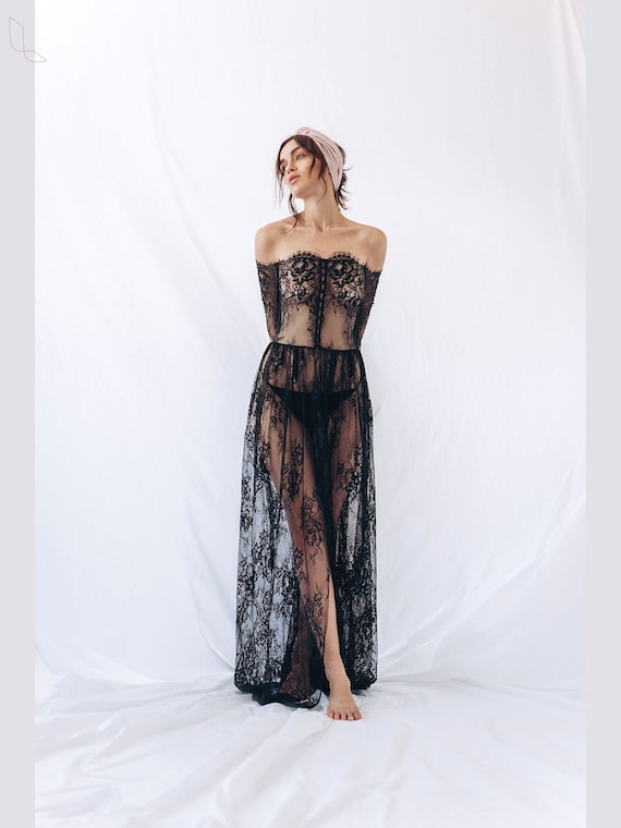 Black bridal robe, Long robe bride, Sheer robe lingerie, Lace robe, Wedding robes for bride, Robes for women, Black sheer robe, Bride robe