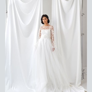 Ivory Vintage Lace Long Sleeves, Simple wedding dress, Boat neckline